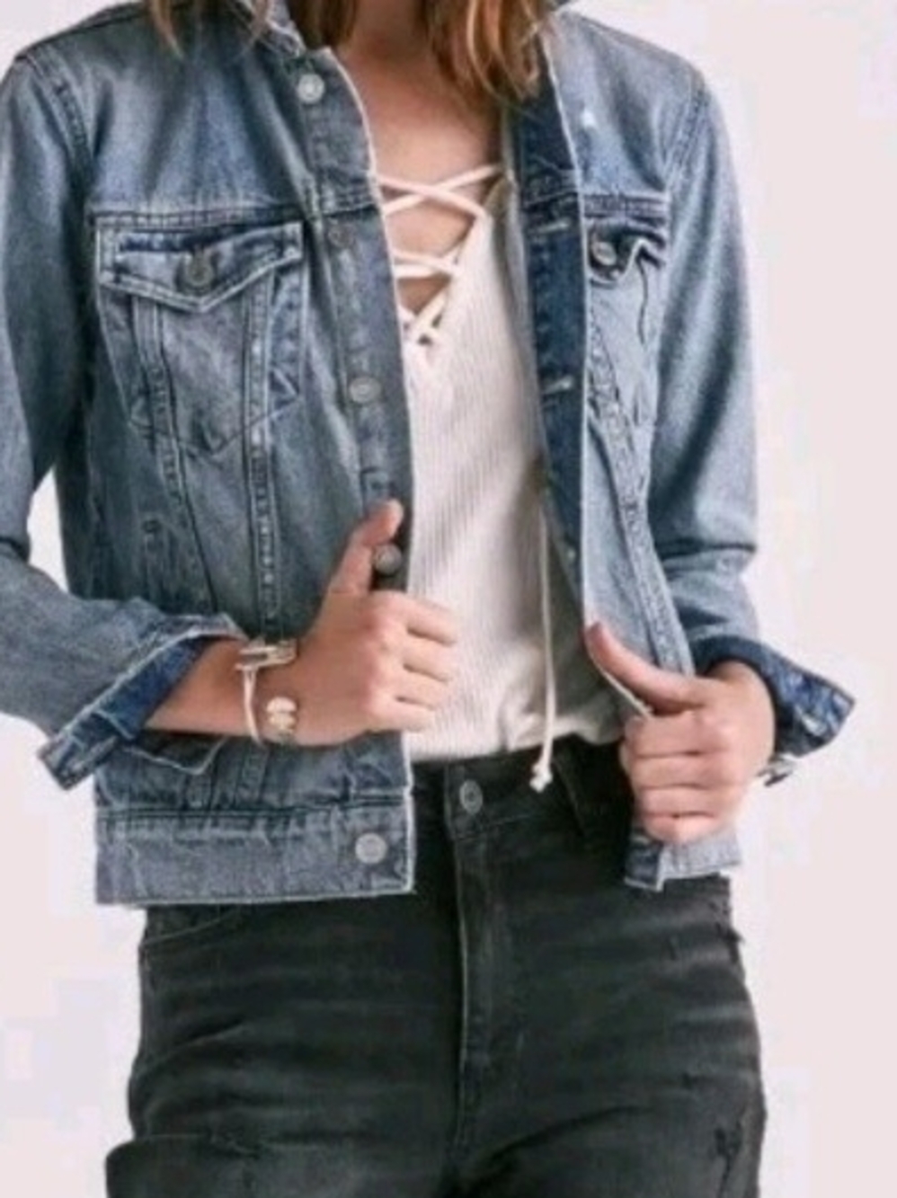 "Don't Worry Be LUCKY" BRAND  Trucker Womens Small Distressed Denim Jean Jacket